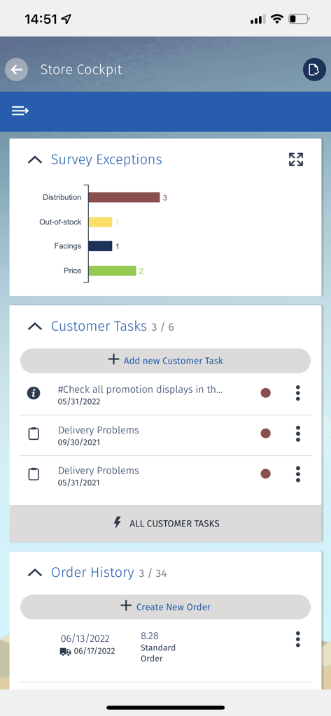 Consumer Goods Cloud - Painel do Painel da Loja no aplicativo Consumer Goods Cloud mostrando exceções de pesquisa e tarefas.
