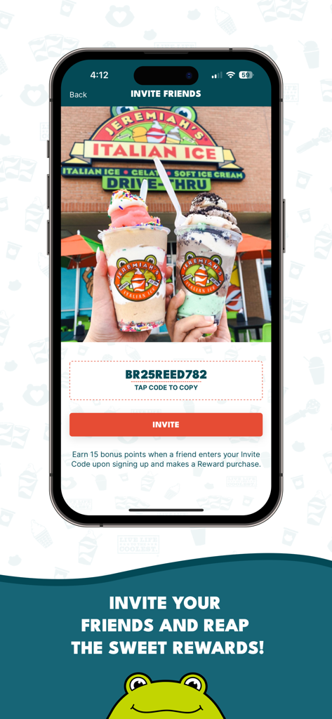 Invite friends screen in the Jeremiah's Rewards app showing a referral code and frozen treats