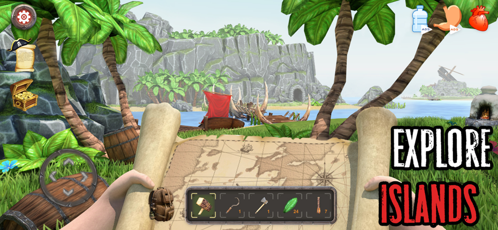 Shark Land: Desert Island - A first person view of a character holding an exploration map on a tropical island in the Shark Land mobile game