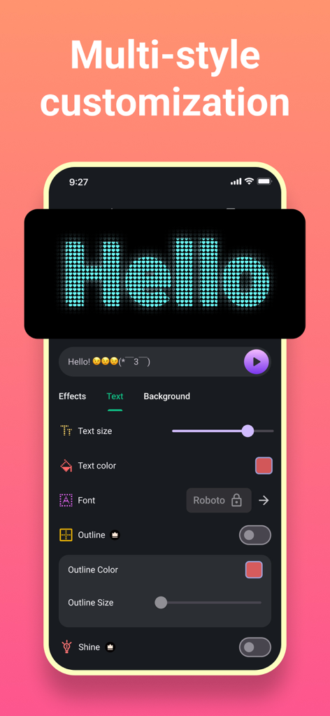 Pantalla de smartphone mostrando herramientas de personalización para una app de pancarta LED, incluyendo tamaño de texto y ajustes de color