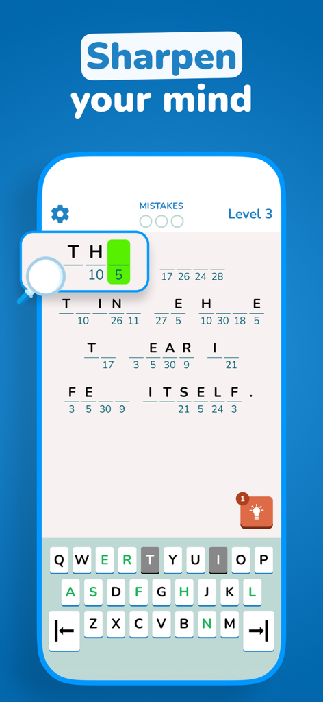 Code Crackle - Cryptogram game - Gameplay screen of Code Crackle cryptogram game showing a word puzzle to sharpen your mind.