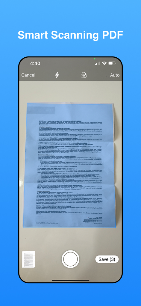 PDF Scanner - Easy Scan PDF - Oberfläche der PDF Scanner App, die das intelligente Scannen eines Dokuments zeigt.
