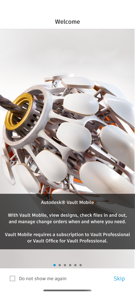 Welcome screen of the Autodesk Vault Mobile app showing a 3D mechanical model and feature description