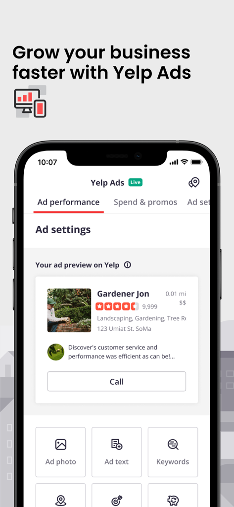 Yelp for Business App - Interface do aplicativo Yelp para Empresas para gerenciar e visualizar anúncios do Yelp.
