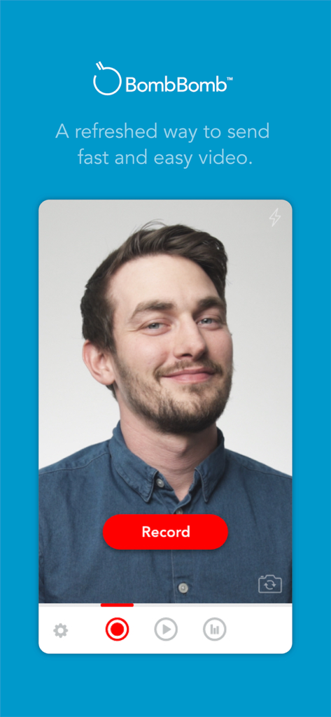 BombBomb - BombBomb app interface showing a man on screen with a red record button for sending video messages.
