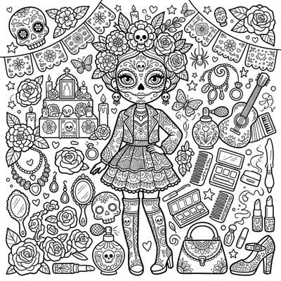 Dive into a vibrant celebration with this Kawaii Day of the Dead fashion coloring page, featuring a stylish skeleton-faced girl surrounded by cultural and beauty icons. Express your creativity by bringing this unique blend of adorable charm and festive tradition to life.