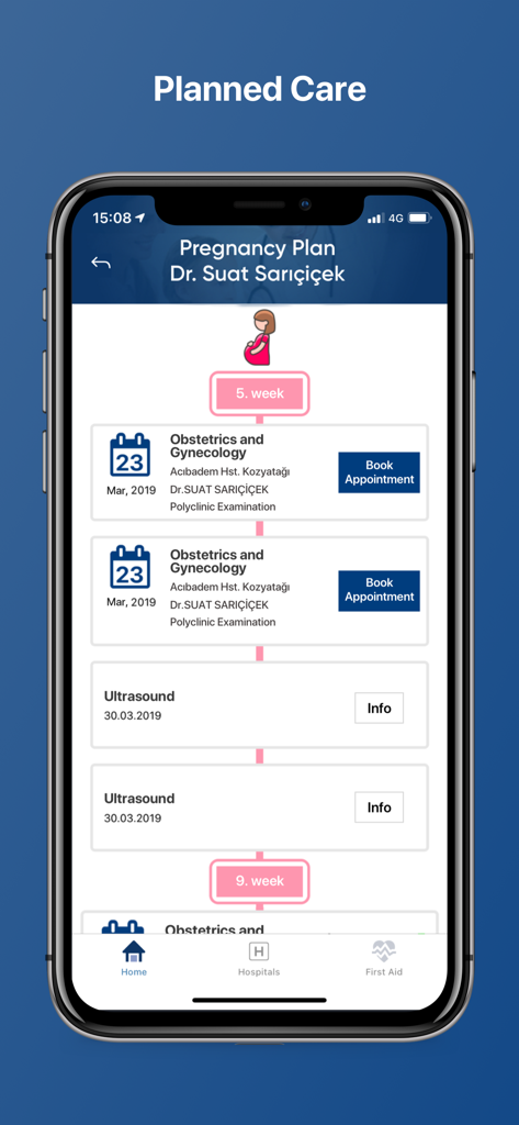 La aplicación móvil Acibadem que muestra un plan detallado de atención del embarazo con citas médicas programadas y hitos de ecografías.