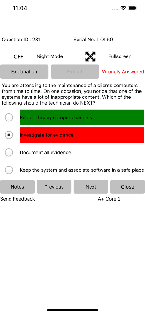 Practice question interface in Aplus Core 2 Exam Sim app showing multiple choice answers for CompTIA certification