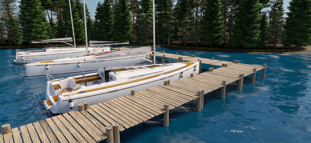 Tres veleros blancos amarrados en un muelle de madera en un simulador de navegación 3D realista