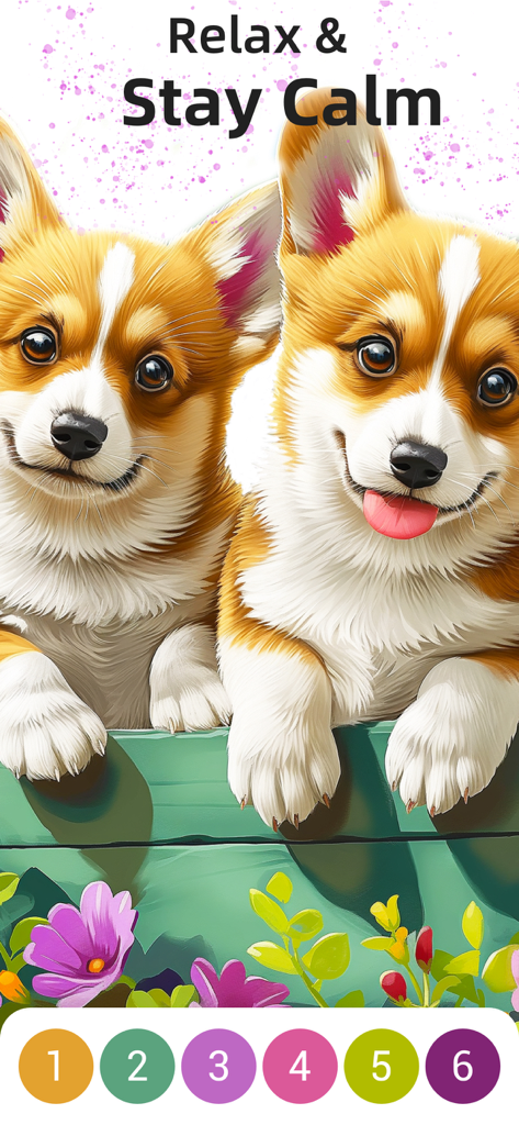 Super Color® - Paint by Number - Digital coloring page of two cute Corgi puppies with numbered color palette