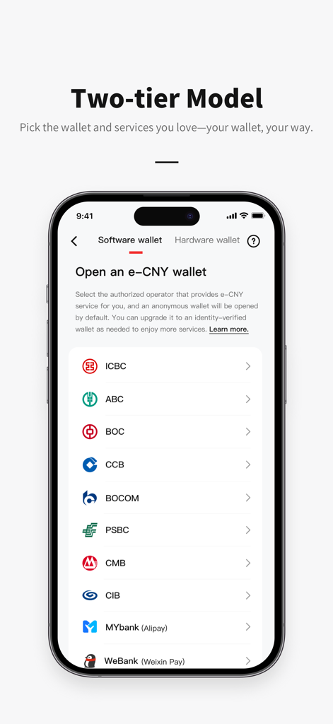 e-CNY app screen showing the two-tier model and a list of authorized bank operators like ICBC and BOC for opening a software wallet