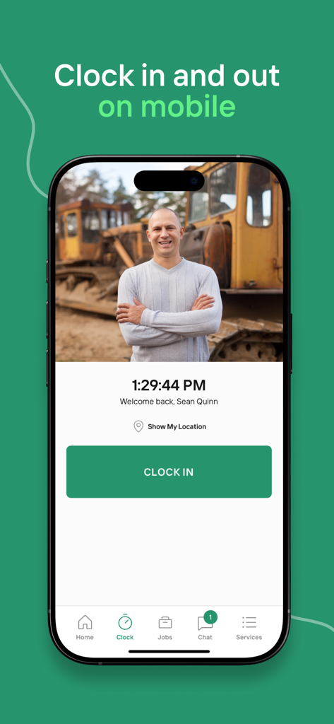 Interface do aplicativo móvel TimeKeeper mostrando a tela de registro de ponto do funcionário para trabalhadores de serviço de campo