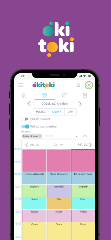 Okitoki - A mobile screenshot of the Okitoki app displaying a colorful weekly schedule for a child's preschool activities including sports and language lessons.