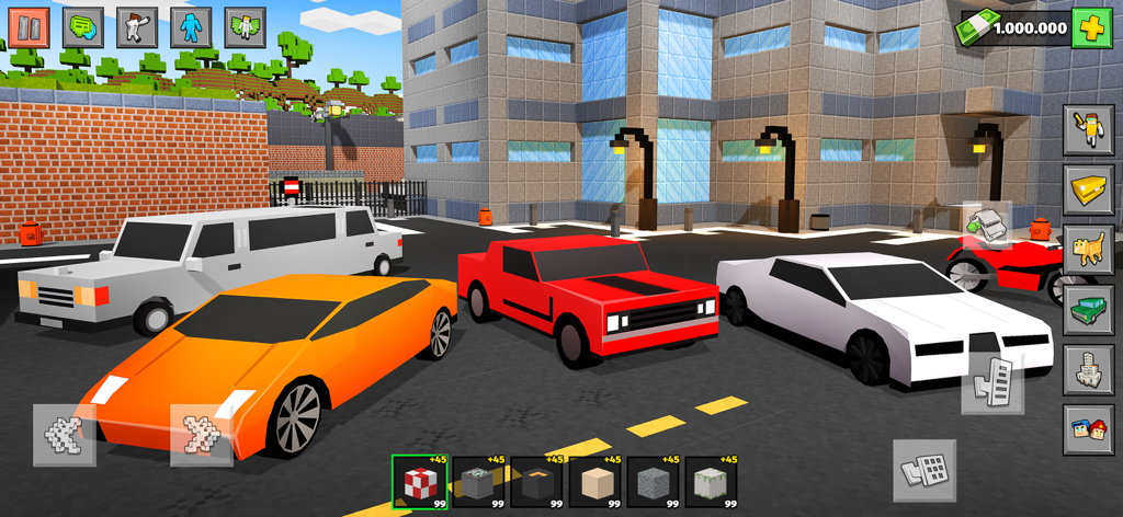 Block City 3D: Simulator Game - ブロック状の3D都市シミュレーターに駐車された、さまざまなピクセル化された高級車とオートバイ。