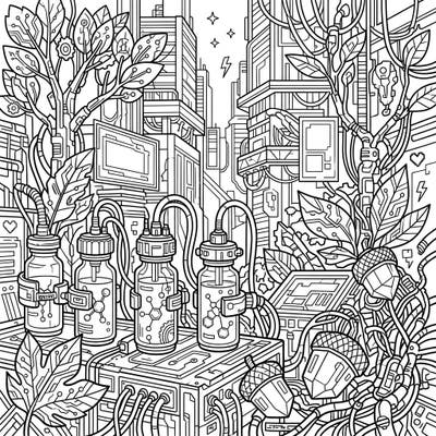 Explore a groundbreaking fusion of nature and technology with our Cyberpunk Autumn Serums coloring page. This intricate design brings together futuristic vials, robotic acorns, and high-tech foliage for an unparalleled coloring journey.