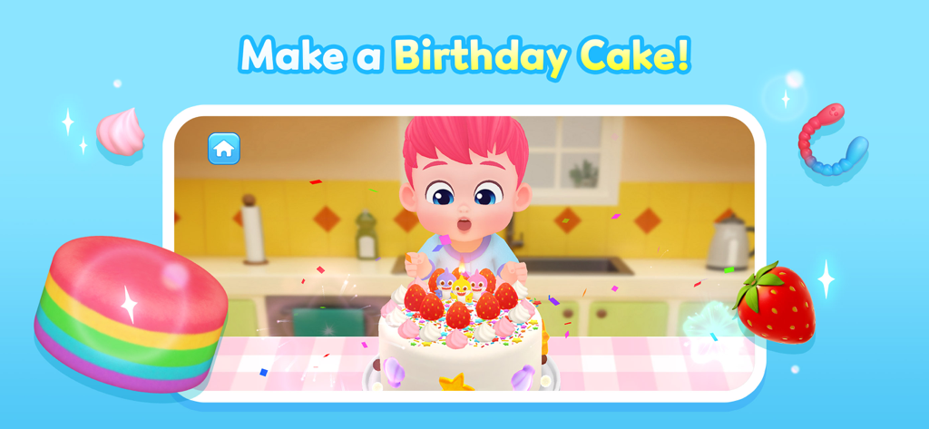 Personaje de Bebefinn decorando un pastel de cumpleaños con fresas y figuras de Baby Shark