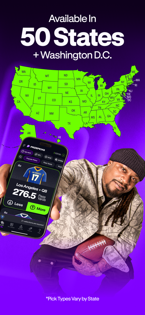 Map of the United States highlighting PrizePicks availability in 50 states and Washington D.C. with the mobile app interface displayed