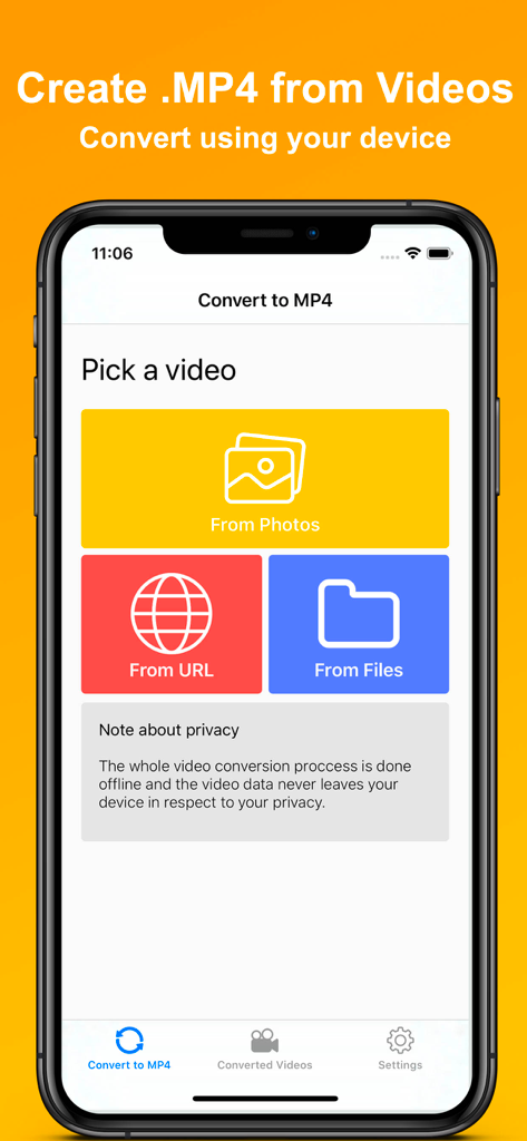Interface of MP4 Maker app on iPhone showing options to pick videos from photos URL or files for offline conversion