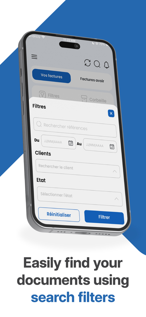Interface de l'application Fatoura Mobile montrant les filtres de recherche pour les factures et les documents sur un iPhone