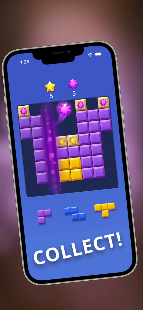 Block Blast: Puzzle Game - Captura de pantalla del juego de puzles Block Blast que muestra una cuadrícula de 8x8 con bloques coloridos y un mensaje de "recoger"