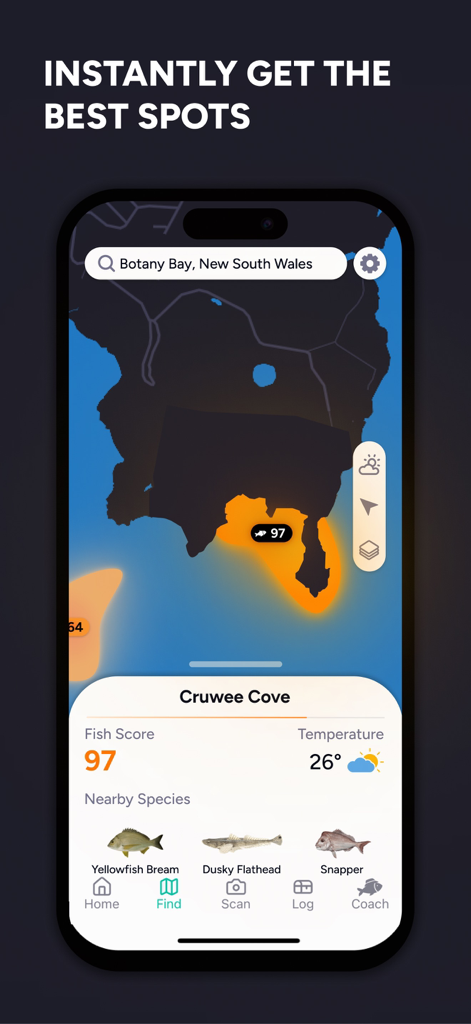 Fish AI app interface showing a predictive fishing map with fish scores and local species at Cruwee Cove