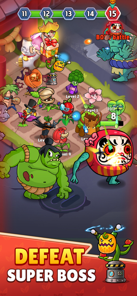 Flower zombie: City Defense - Una captura de pantalla de Flower Zombie City Defense que muestra un escuadrón de plantas luchando contra un jefe sumo y Daruma gigante en un nivel con temática de Tokio.