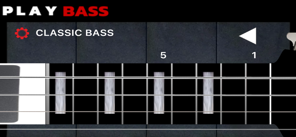 Play Bass: Real Bass Simulator - Play Bass app interface showing a classic bass guitar fretboard with four strings and fret markers