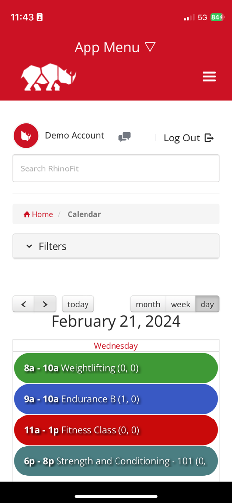 RhinoFit - RhinoFit app calendar view showing a daily schedule of fitness and weightlifting classes
