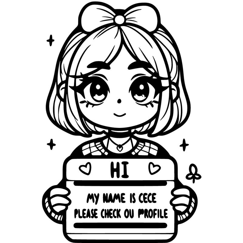 a girl holding a sign that say hi my name is cece please check out my profile