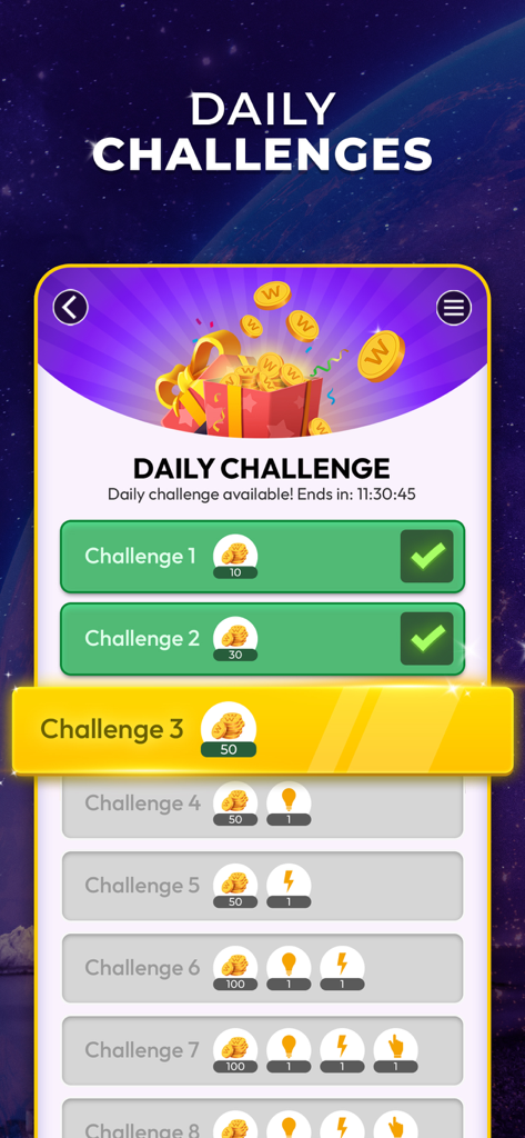 Word Bliss - from PlaySimple - Word Bliss mobile app screenshot showing a list of daily challenges with coin and hint rewards