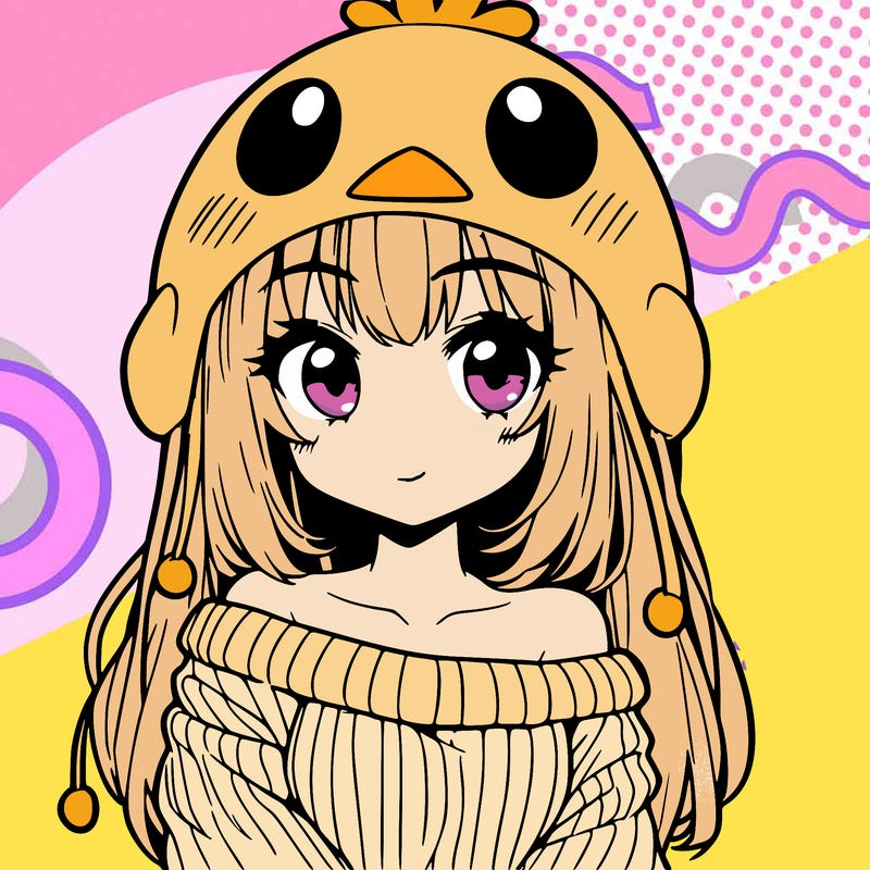 anime girl with chick shaped hat with sweater with bare shoulders with bangs covering them one eye with low tail