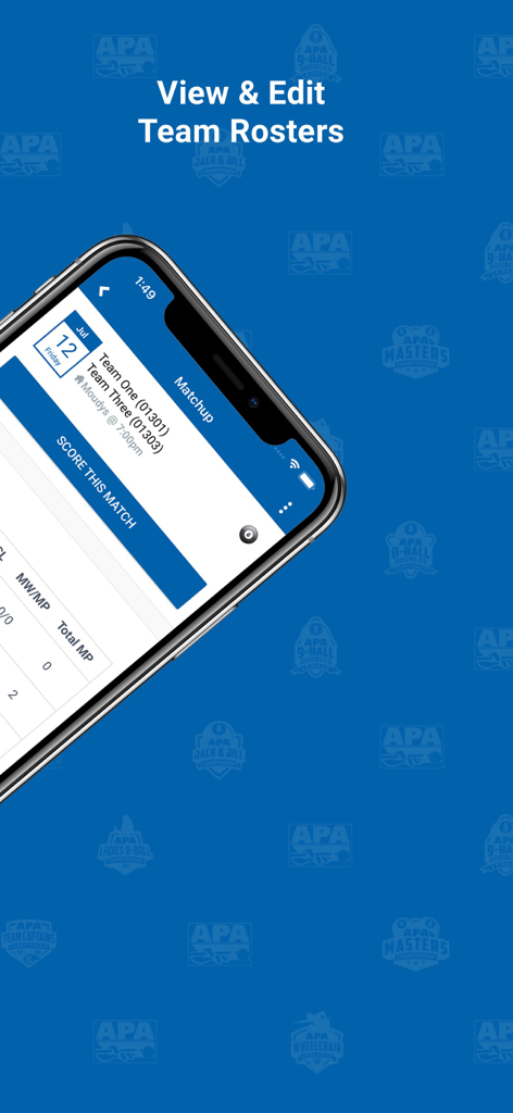 APA Scorekeeper - Smartphone displaying the APA Scorekeeper app screen for viewing and editing pool league team rosters