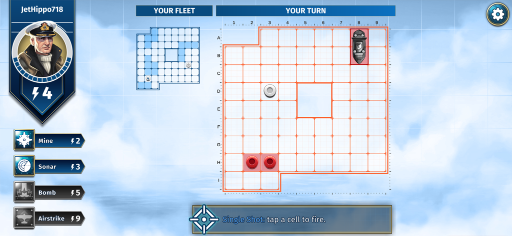Pantalla de juego de la aplicación Battle Grid Companion mostrando el tablero táctico y las armas especiales