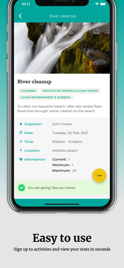 SVA app showing details for a river cleanup volunteer event and attendance status