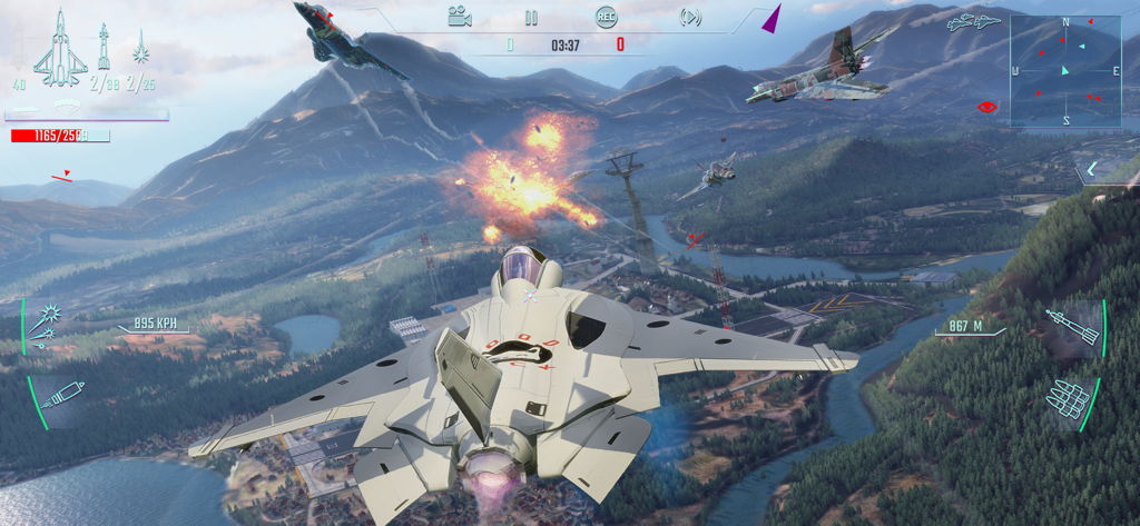 Sky Gamblers - Infinite Jets - A white jet fighter engages in an aerial dogfight over a mountainous landscape with explosions