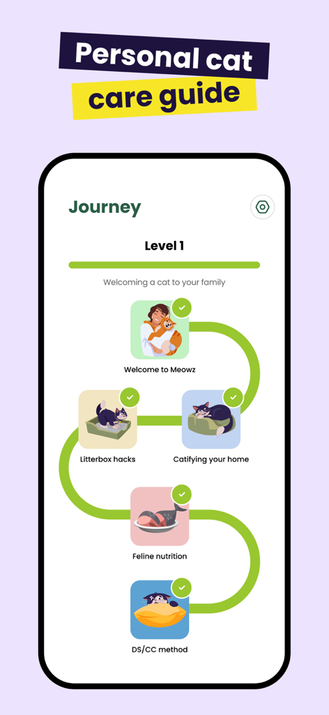 Meowz: Cat Training, Pet Care - Meowz app screenshot showing a gamified level one cat care journey roadmap with lessons on nutrition and home environment