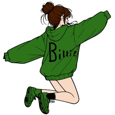 realistic girl jumping with a bun and oversized sweatshirt