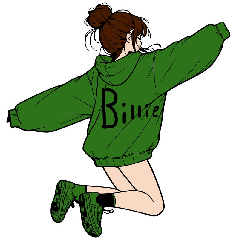realistic girl jumping with a bun and oversized sweatshirt