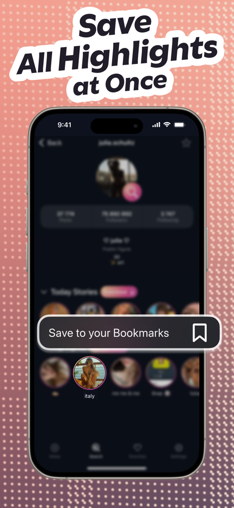 Interface showing how to save Instagram story highlights and bookmarks anonymously using the Blindstory app.