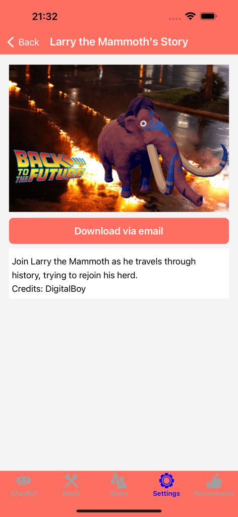 Preview of Larry the Mammoth mod with download button and description