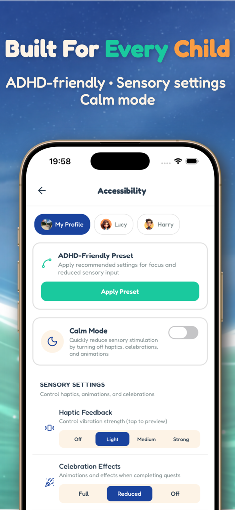 PointUp: Kids Chore Tracker - Pantalla de configuración de accesibilidad de la aplicación PointUp que muestra ajustes preestablecidos amigables para TDAH y configuraciones sensoriales para niños.