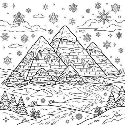 Unleash your creativity with this unique coloring page featuring majestic Egyptian pyramids transformed into a magical winter scene. Snow-capped peaks and delicate snowflakes create an enchanting landscape for you to bring to life.