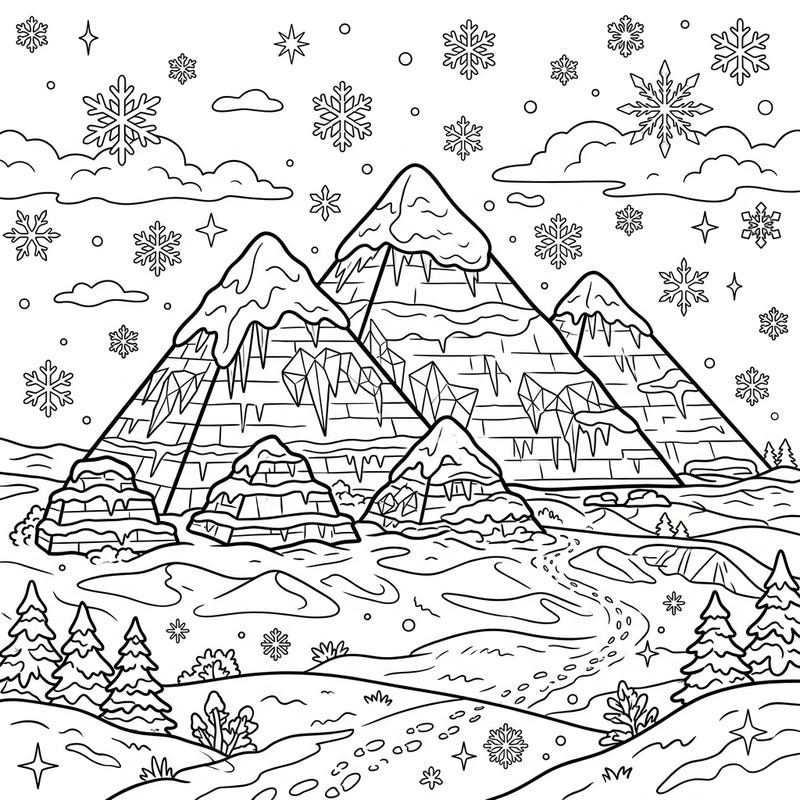 Unleash your creativity with this unique coloring page featuring majestic Egyptian pyramids transformed into a magical winter scene. Snow-capped peaks and delicate snowflakes create an enchanting landscape for you to bring to life.