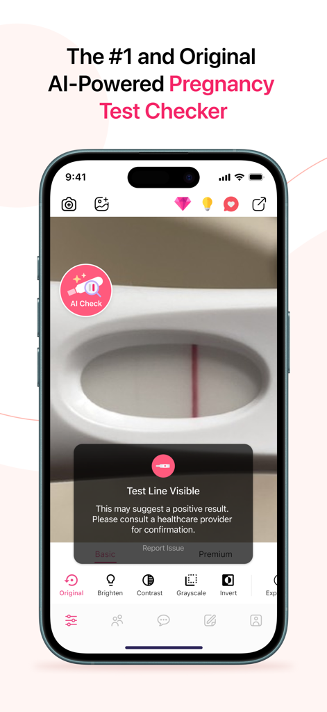Mobile app interface showing an AI pregnancy test checker with a visible test line result.