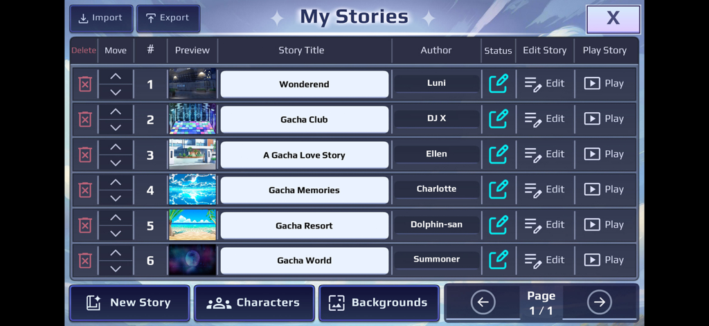 Gacha Story - VN Creator - A list of created visual novels in the Gacha Story app showing story titles authors and edit buttons