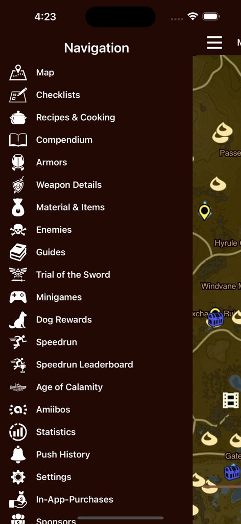 Sidebar navigation menu for the Breath Companion Zelda guide app showing various tools and checklists