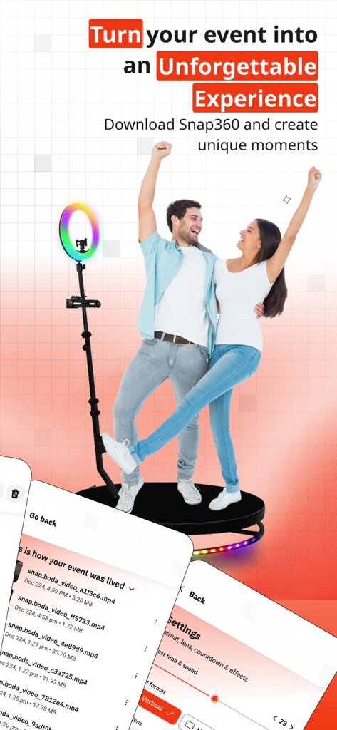 Happy couple on a 360 degree photobooth platform with a ring light and the Snap360 app interface