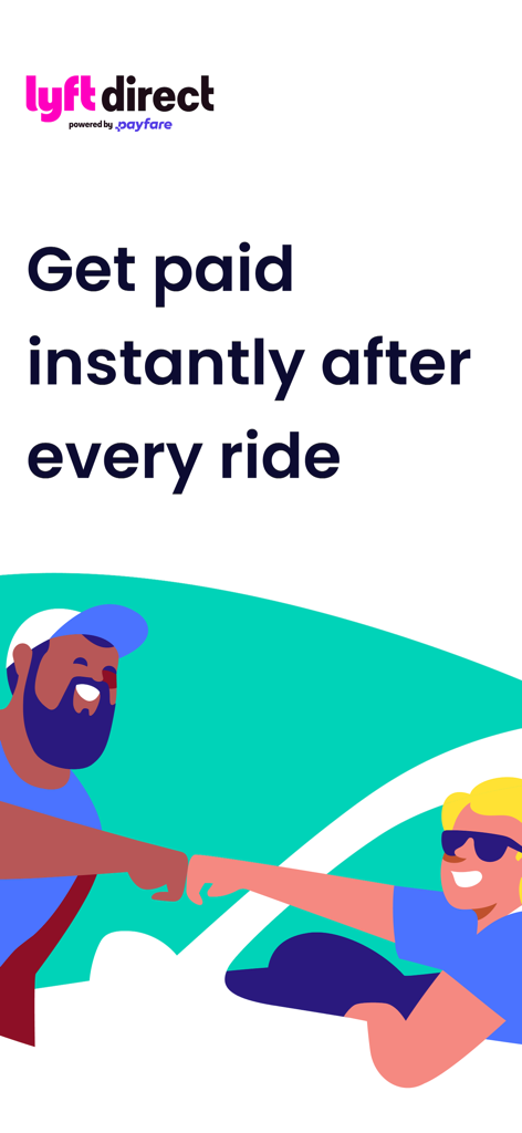 Lyft Direct app promotional screen featuring instant payouts for drivers with an illustration of two people fist bumping.