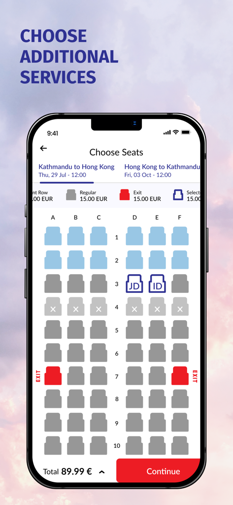 ネパール航空インターナショナルのアプリの座席選択インターフェース。