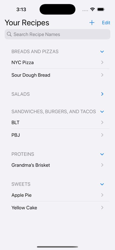 Main screen of the Recipe Notebook app displaying an organized list of recipe categories like Breads, Proteins, and Sweets.